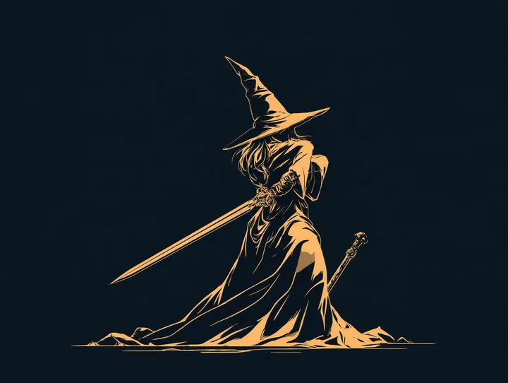 魔法使いとして生まれたキャラクターが、剣を振っているイラスト